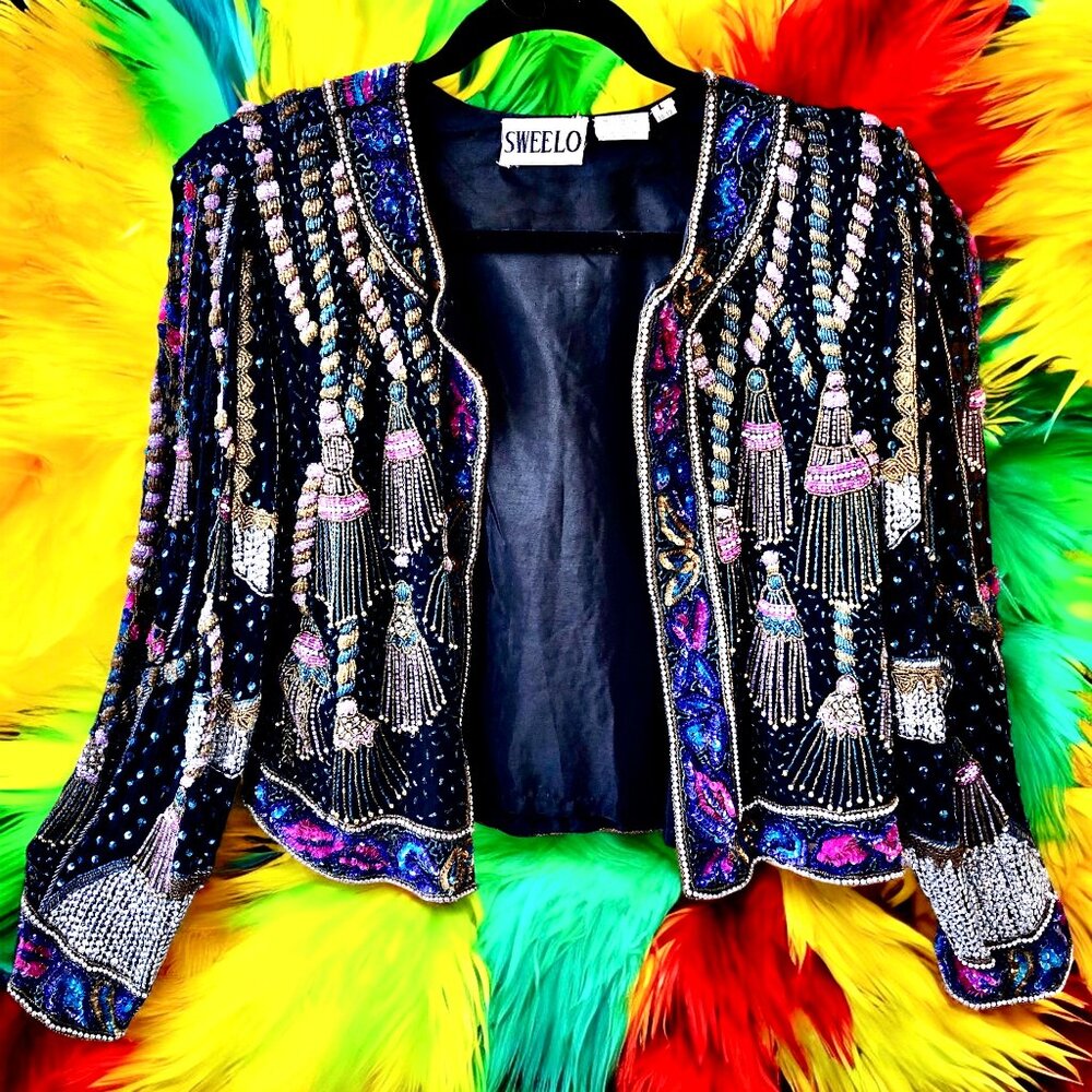 Vintage Sweelo Silk Beaded Sequin Tassel Evening Jacket Blazer Large 10-12 India